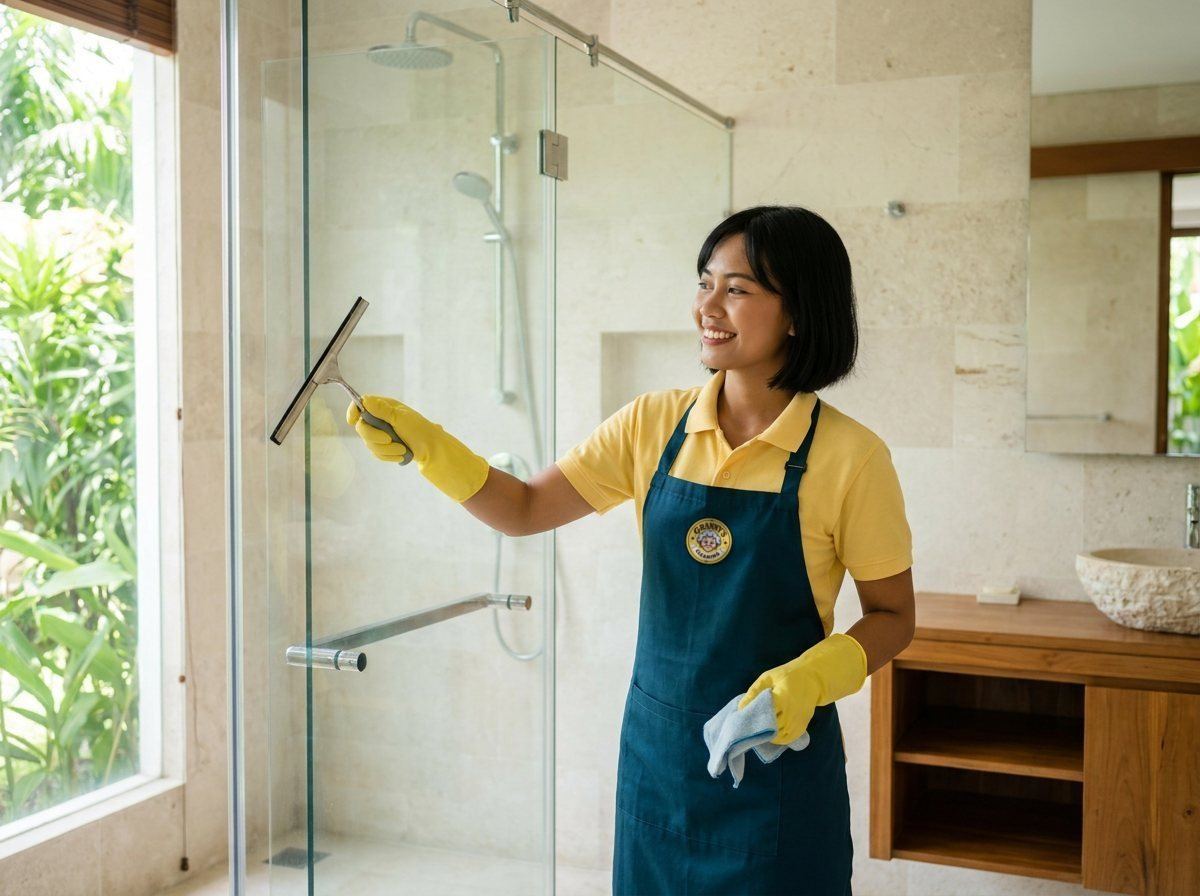 Cleaner using a squeegee on a glass shower screen in a villa bathroom