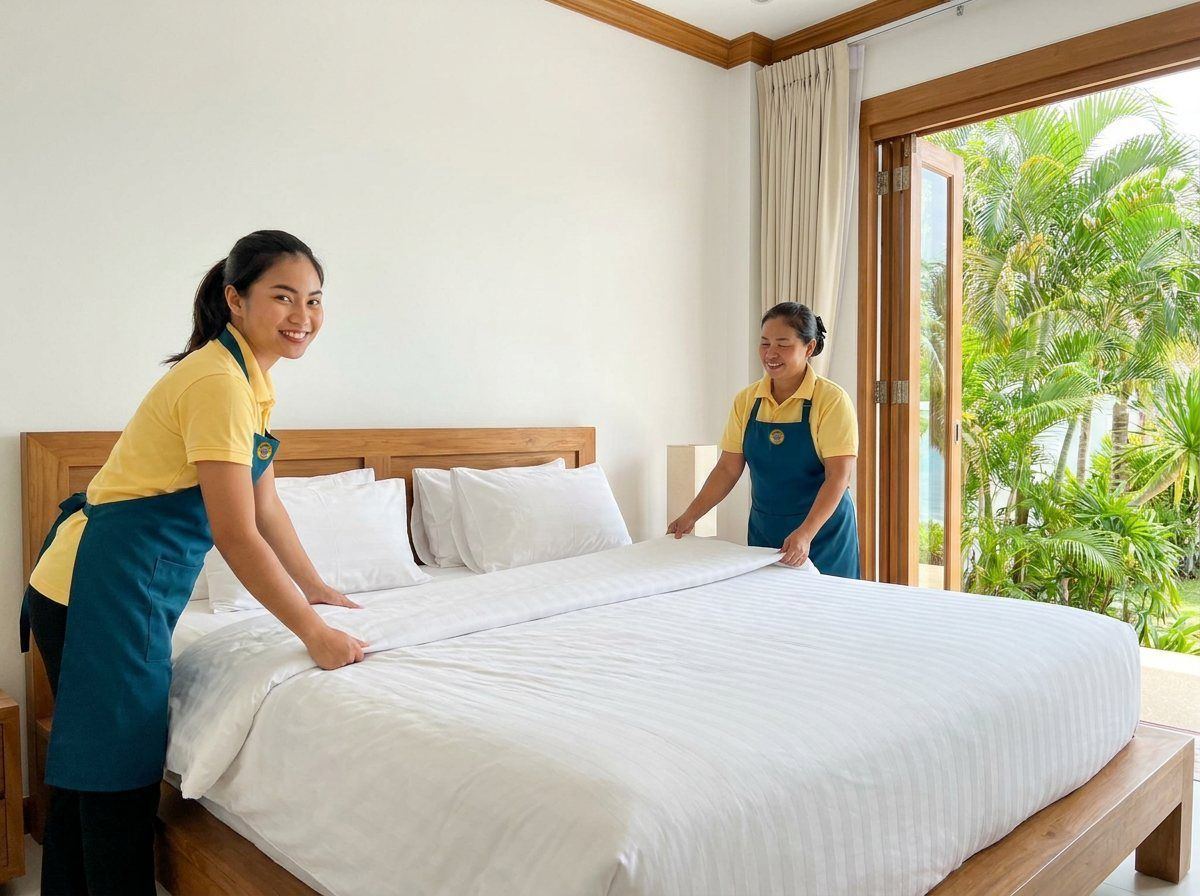 Cleaner making up a king-size bed with white linen in a villa bedroom