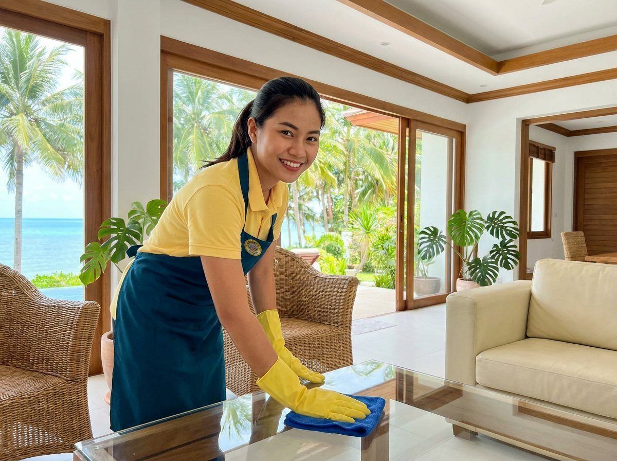Cleaner in a yellow polo wiping a glass table in a bright Koh Samui villa living room