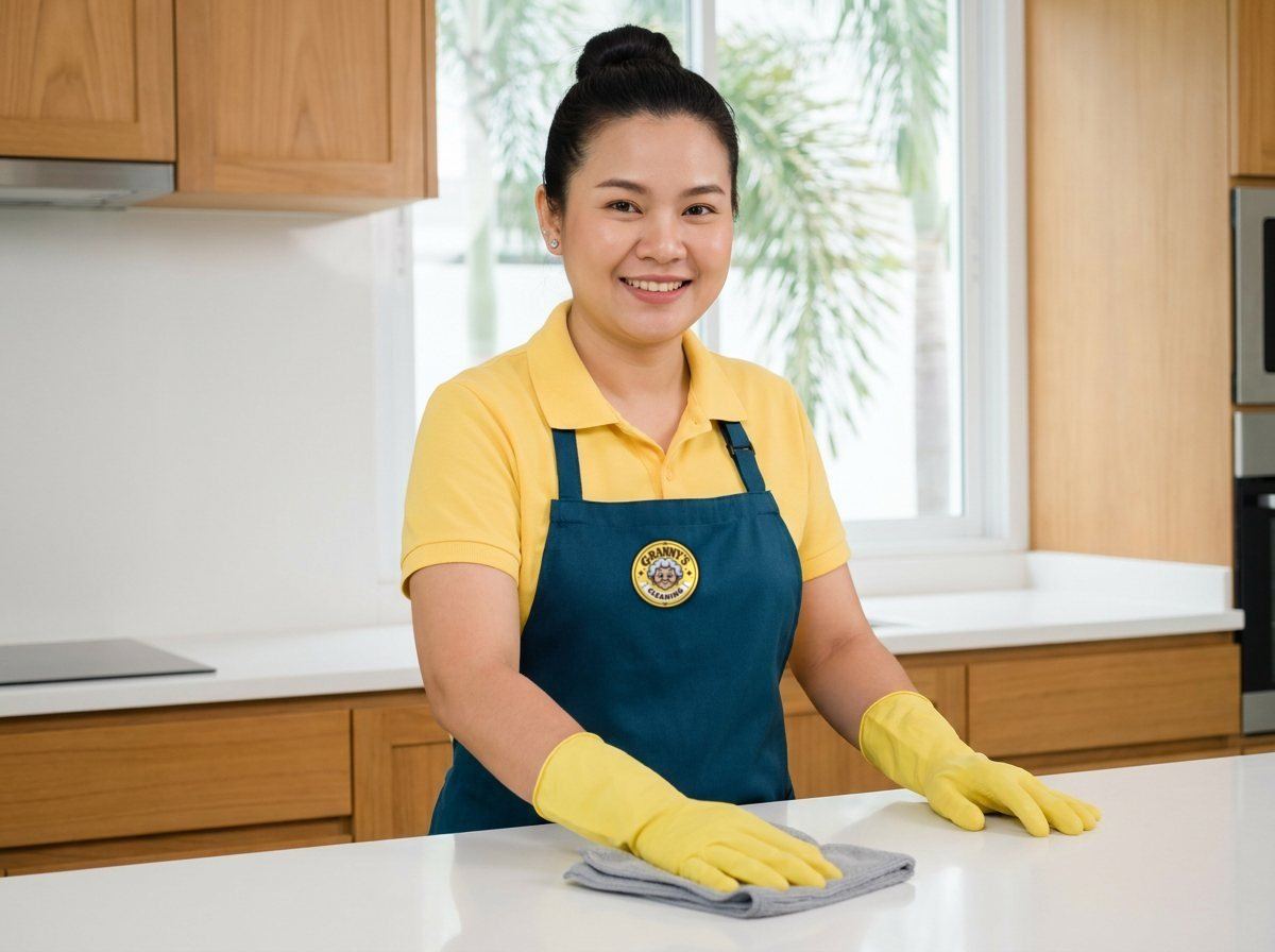 Cleaner wiping a stone worktop in a villa kitchen with teak cupboards
