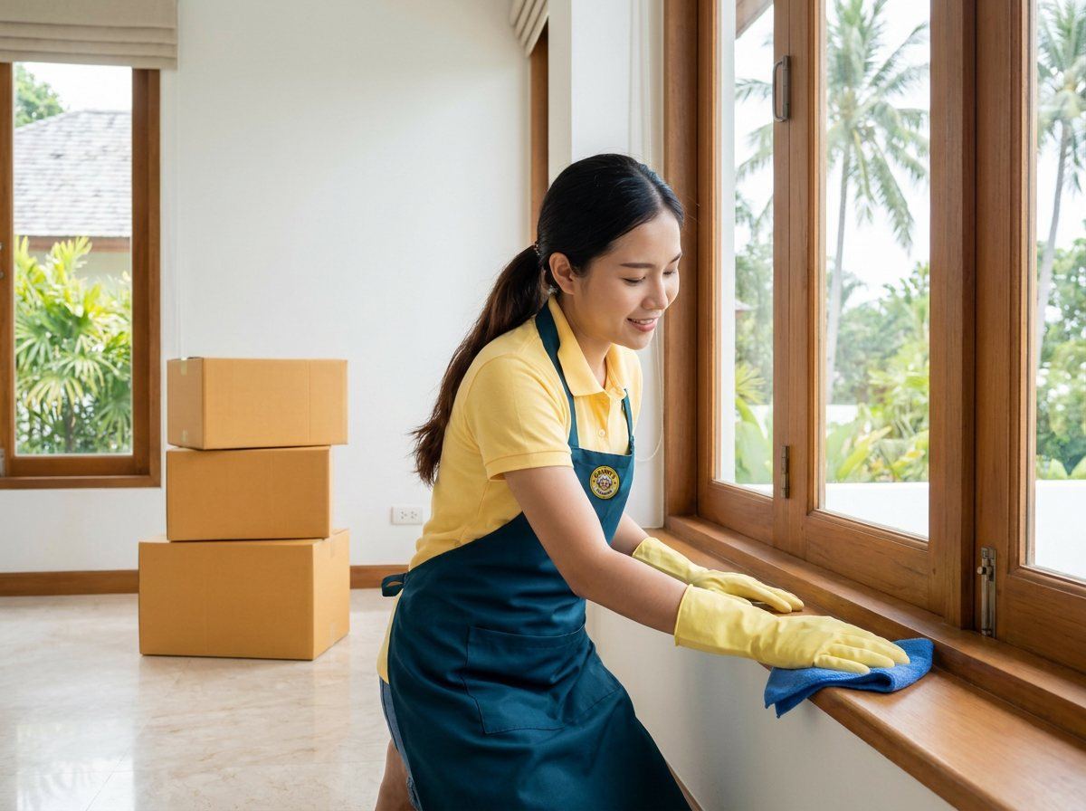 Cleaner wiping a window sill in an empty, bright villa room with moving boxes by the wall