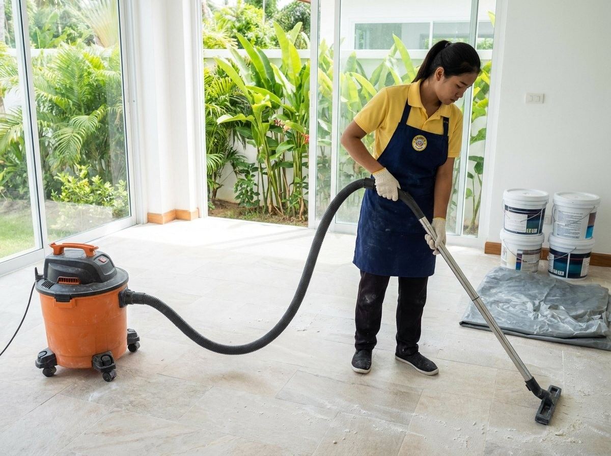 Cleaner vacuuming construction dust from a stone floor in a renovated villa