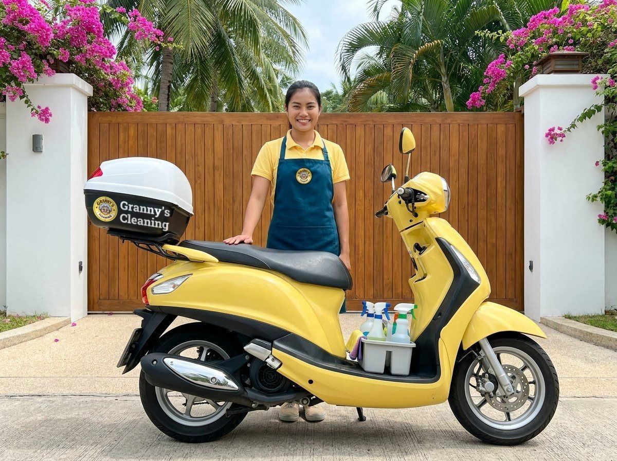 Cleaner in a yellow polo next to a yellow scooter with a cleaning caddy at a villa gate